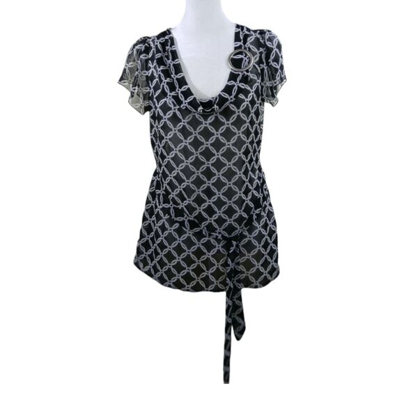 Maurices Low Cut Belted Sheer Tunic Blouse Women's Sz M Top Black White Geo - Picture 5 of 10